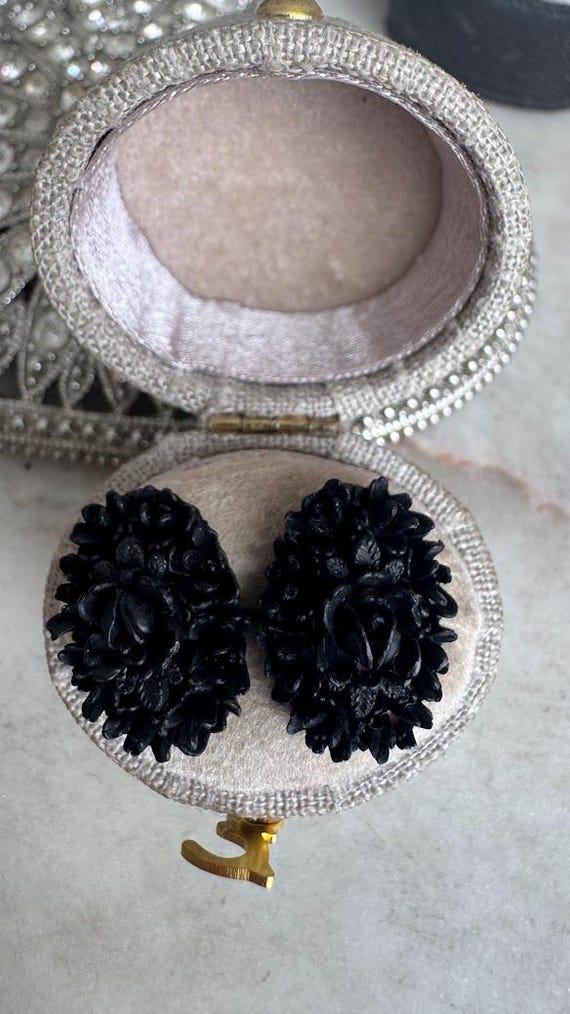 Vintage Rose Gold Black Rosette Carved Earrings