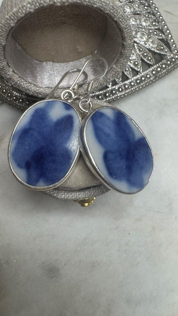 Vintage Silver Blue Floral Dangle Earrings