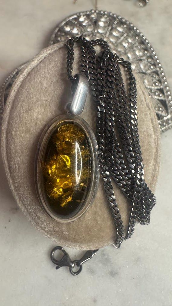Vintage Silver Amber Pendant Necklace