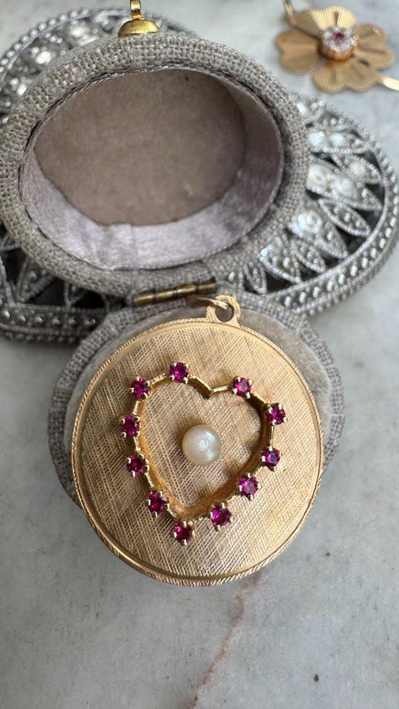 Vintage Antique Gold Ruby & Pearl Heart Charm Pendant