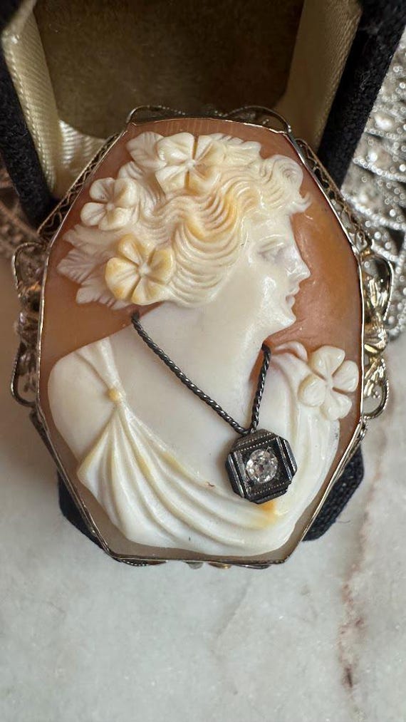 Vintage White Gold Diamond Cameo Brooch or Pendant