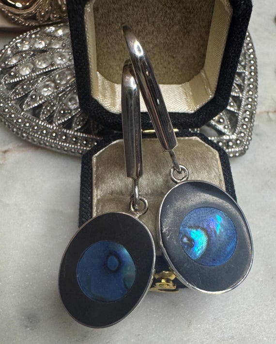 Vintage Silver Abalone & Onyx Earrings