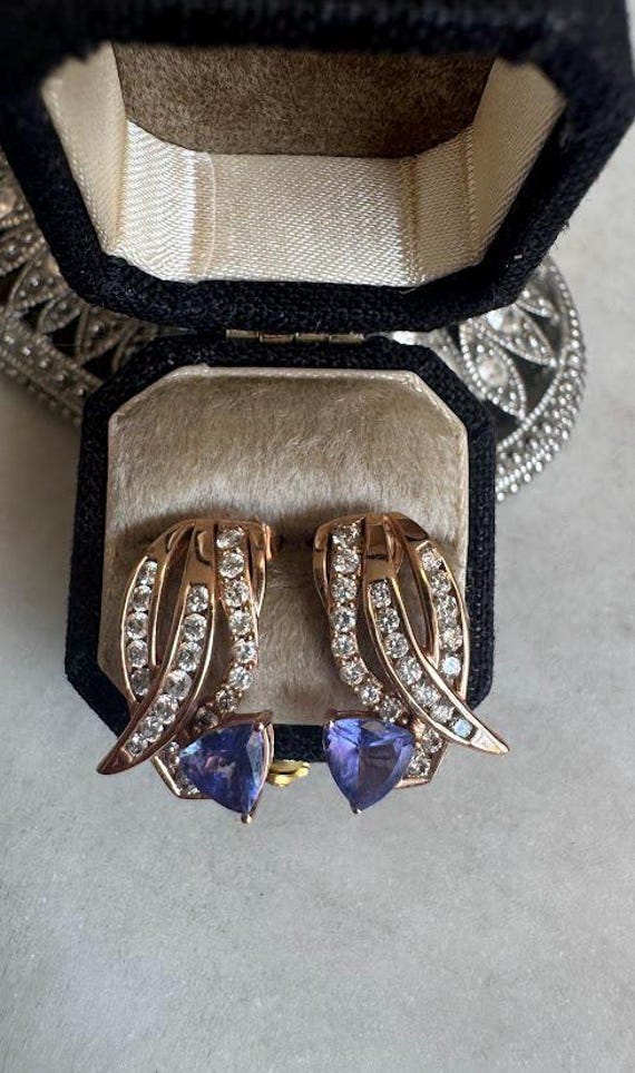 Rose Gold Trillion Cut Tanzanite & Diamond Earrings