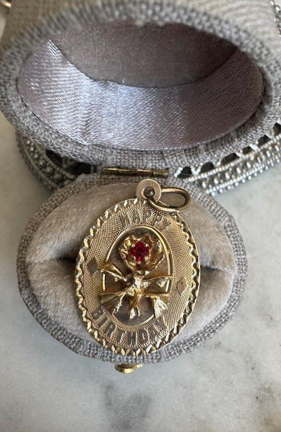 Vintage Gold Ruby Happy Birthday Rose Floral Scalloped Charm