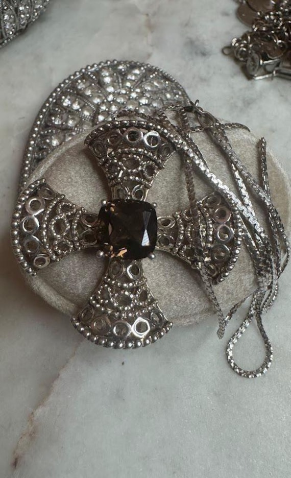 Vintage Silver Smokey Quartz Maltese Pendant Byzantine Chain