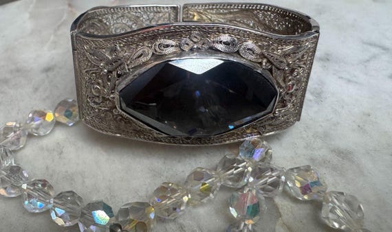 Vintage Antique Silver Hematite Filigree Hinged Bracelet