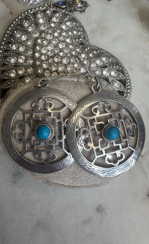 Vintage Silver Turquoise Filigree Round Earrings