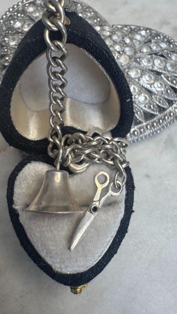 Vintage Silver Antique Charm Bracelet with Scissors & Bell