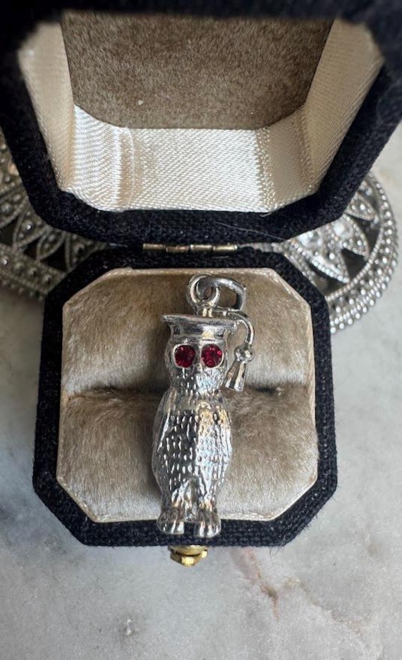 Vintage Silver Red Eye Graduate Owl Charm Pendant