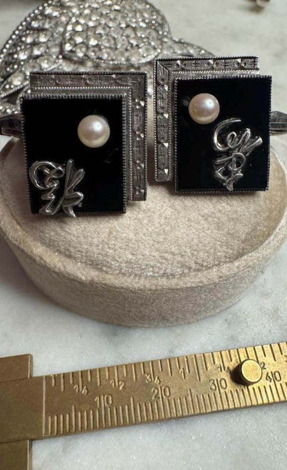 Vintage Silver Black Onyx & Pearl Cuff Links