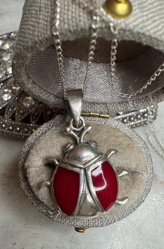 Vintage Silver Red Lady Bug Pendant