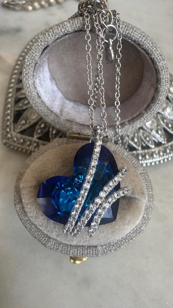 Vintage Silver Blue Heart Crystal & CZ Pendant Necklace