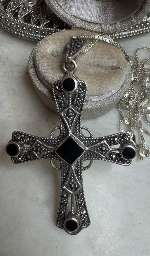 Vintage Silver Black Onyx and Marcasite Cross Pendant Box Chain Pendant