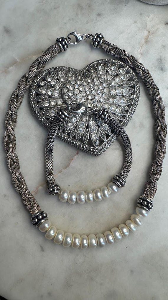 Vintage Silver Heavy Pearl Necklace and Bracelet Set