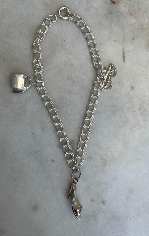 Silver Vintage Charm Link Bracelet with Shoe Purse & Sunglasses