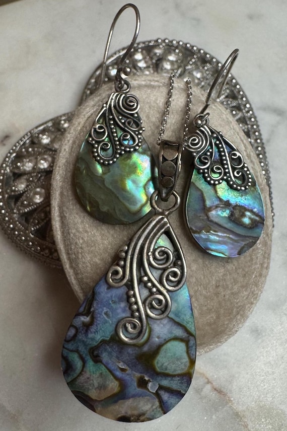 Vintage Silver Abalone Pendant & Earring Set