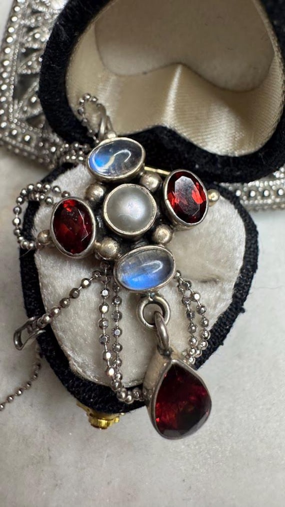 Vintage Silver Moonstone, Pearl & Garnet Pendant Necklace