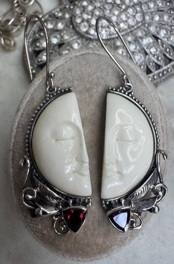 Vintage Silver Sajen Moon Face Dangle Earrings