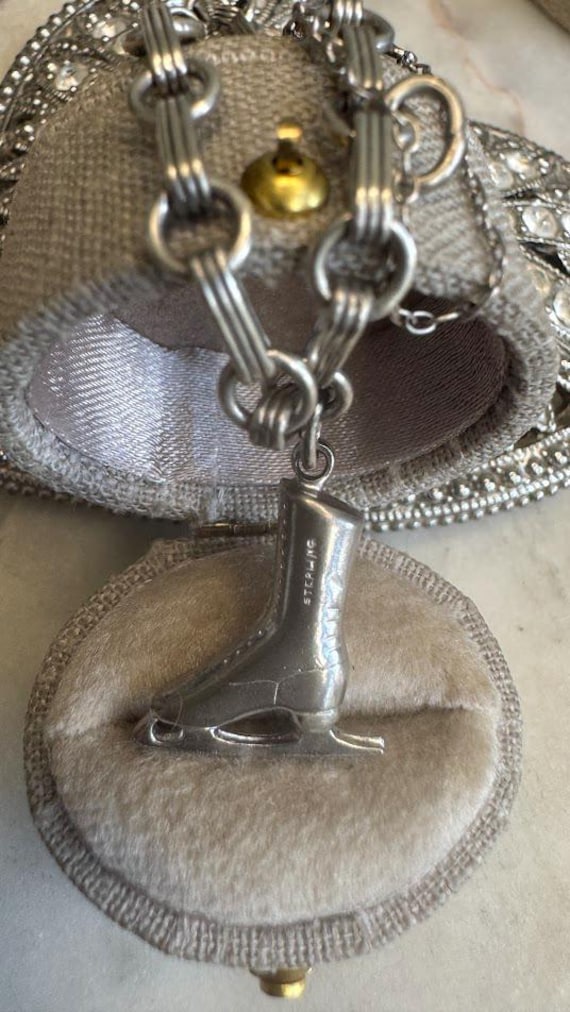 Vintage Antique Silver Rare Charm Bracelet with Ice Skate Charm