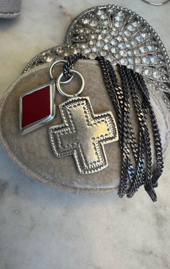 Vintage Mexican Silver Cross & Red Jasper Pendant