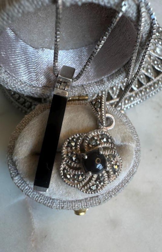 Vintage Silver Black Onyx Pendant Necklaces Pair