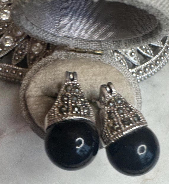 Vintage Silver Maracasite Black Onyx Earrings