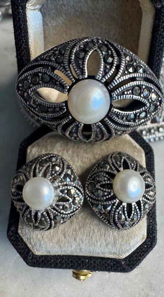 Vintage Silver Pearl Marcasite Brooch & Earrings Set