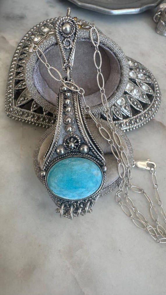 Vintage Silver Primitive Hand Forged Faux Turquoise Pendant