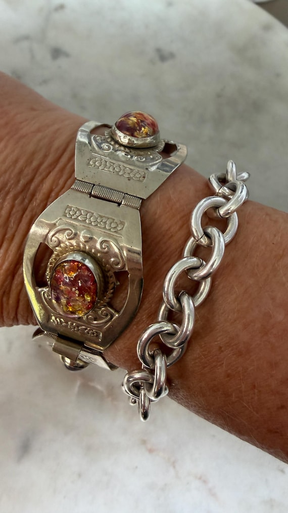 Vintage Silver Mexican Taxco Glass Opal Link Bracelet