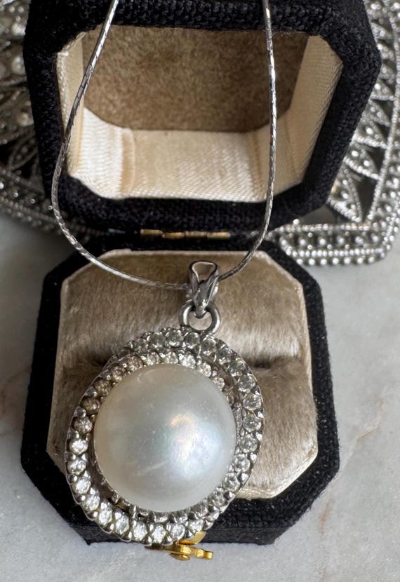 Vintage Silver Pearl & CZ Pendant Necklace