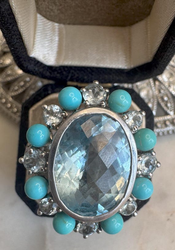 Vintage Silver Sleeping Beauty Turquoise & Blue Topaz Ring