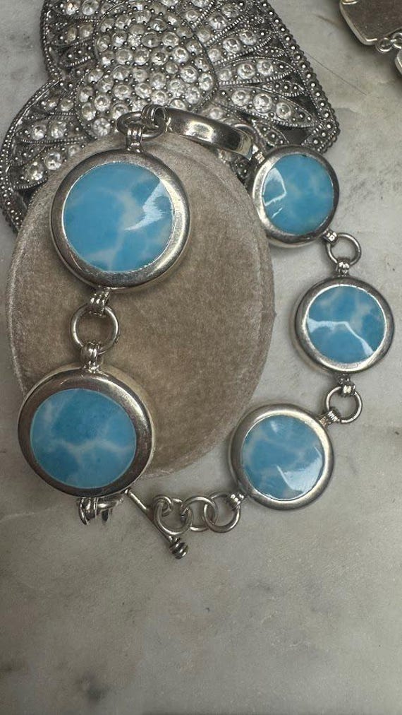 Vintage Solid Heavy Silver Larimar Bracelet