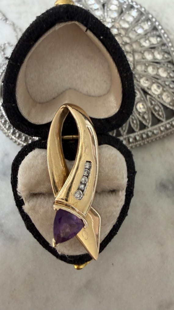 Vintage 14K Yellow Gold Amethyst Diamond Slide Pendant Trillion Cut .65 CT Purple Gemstone