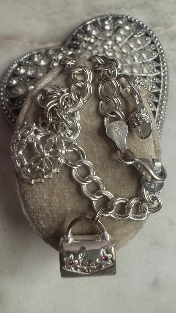 Vintage Silver Double Link Bracelet Filigree Heart, Purse, & Shoe