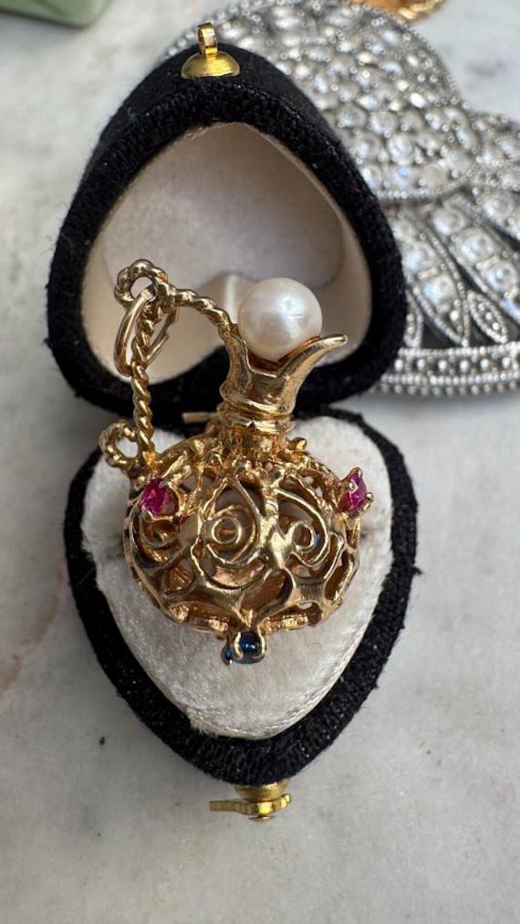 Vintage Antique Gold Ruby Pearl Sapphire Pitcher Charm Pendant