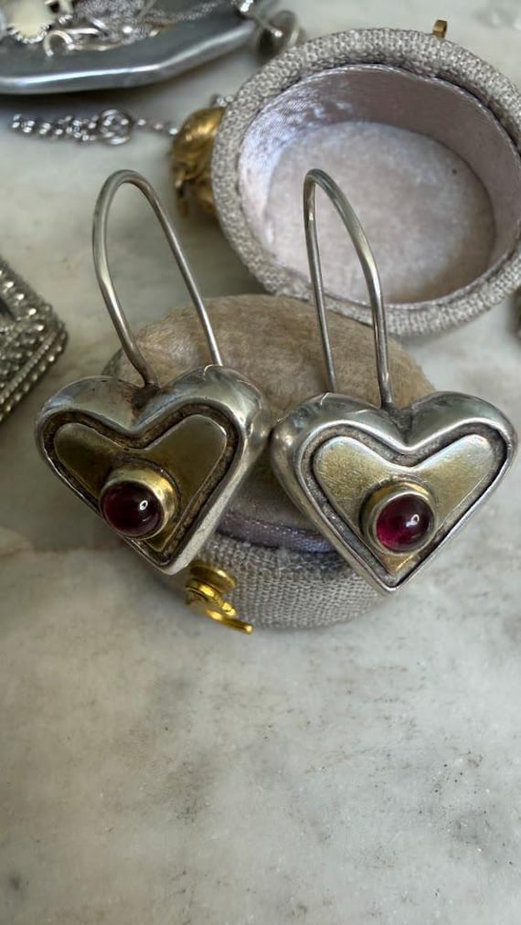 Vintage Silver & Gold Plated Artisan Garnet Heart Earrings