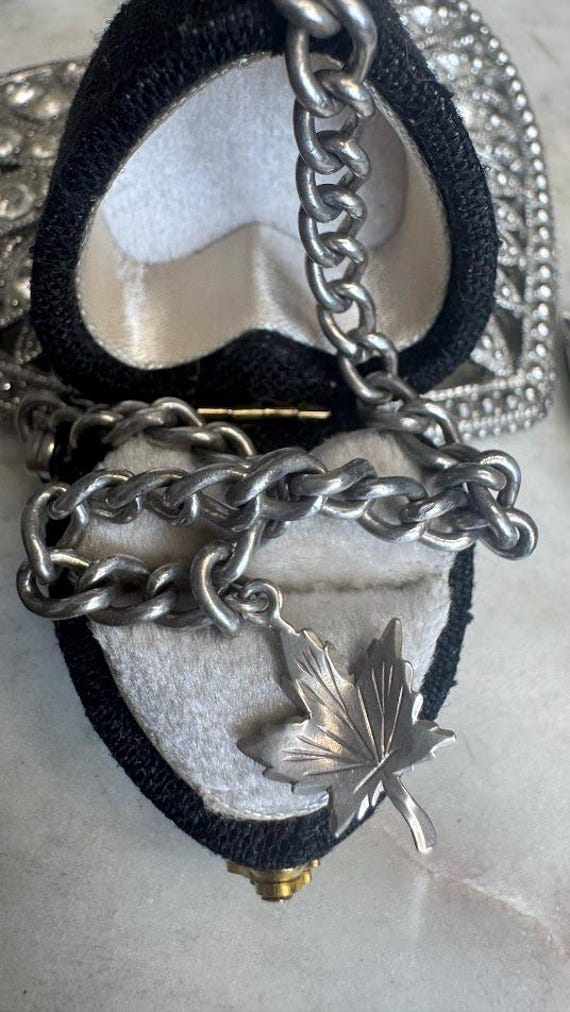 Vintage Antique Silver Link Charm Bracelet with Leaf Charm