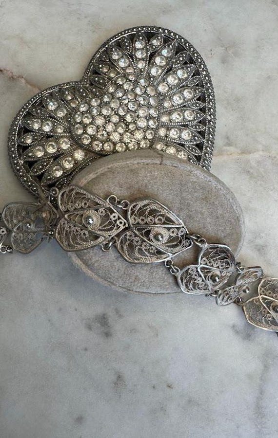 Vintage Antique Silver Heart Filigree Bracelet