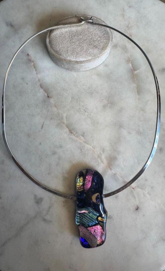 Mexican Silver Wire Necklace with Glass Colorful Pendant