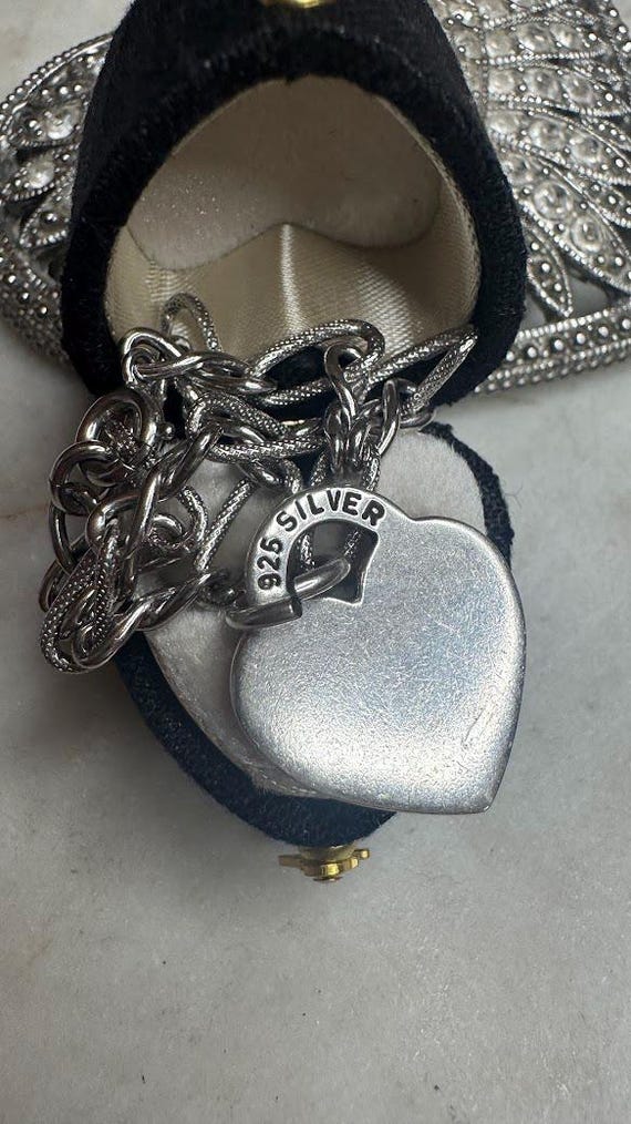 Vintage Silver Heart Link Charm Bracelet