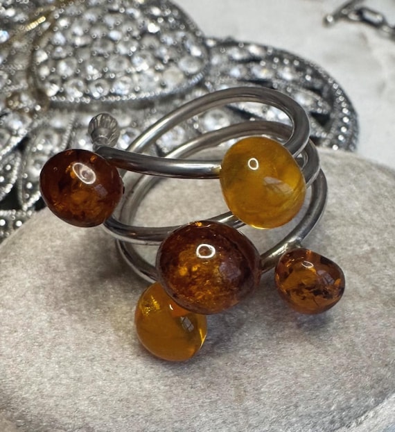 Vintage Silver Amber Bead Ring