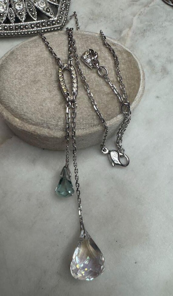 Silver Tone Swarovski Blue  & Clear Crystal Lariat Necklace