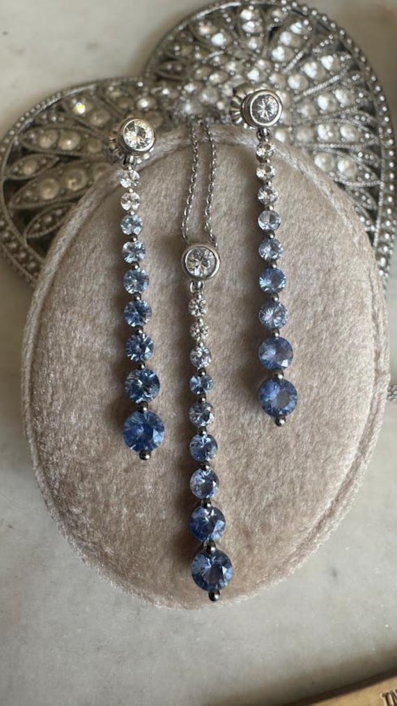 Gold Denim Ombre Sapphire & Earrings Pendant Set