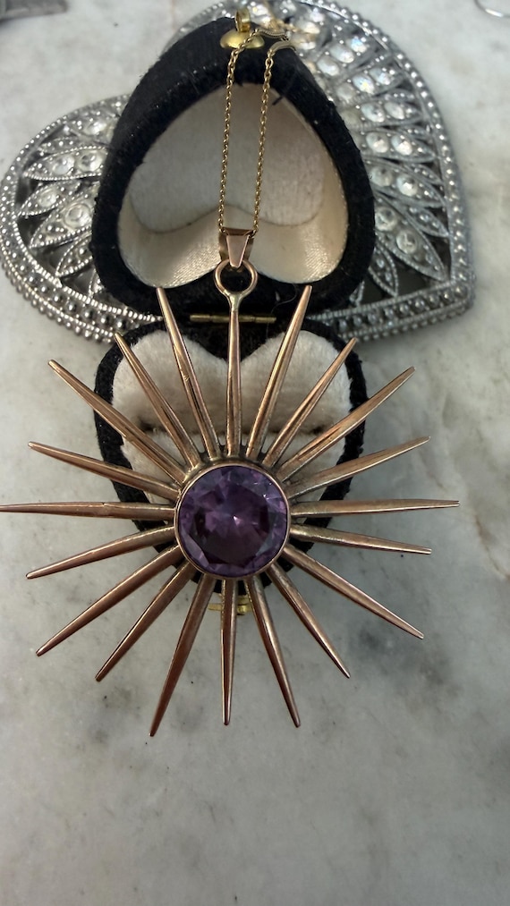 Vintage Rose Gold Art Deco Burst Alexandrite Pendant Necklace