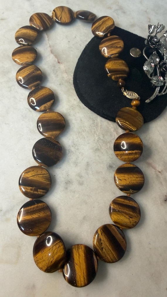 Vintage 14kt Gold Natural Tiger's Eye Large Polished Disc Beads Statement Necklace