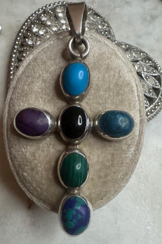 Vintage Silver Native American Designer Multi Gemstone Cross