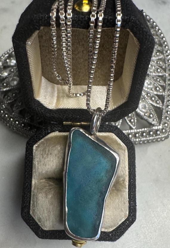 Silver Blue Glass Abstract Pendant Necklace