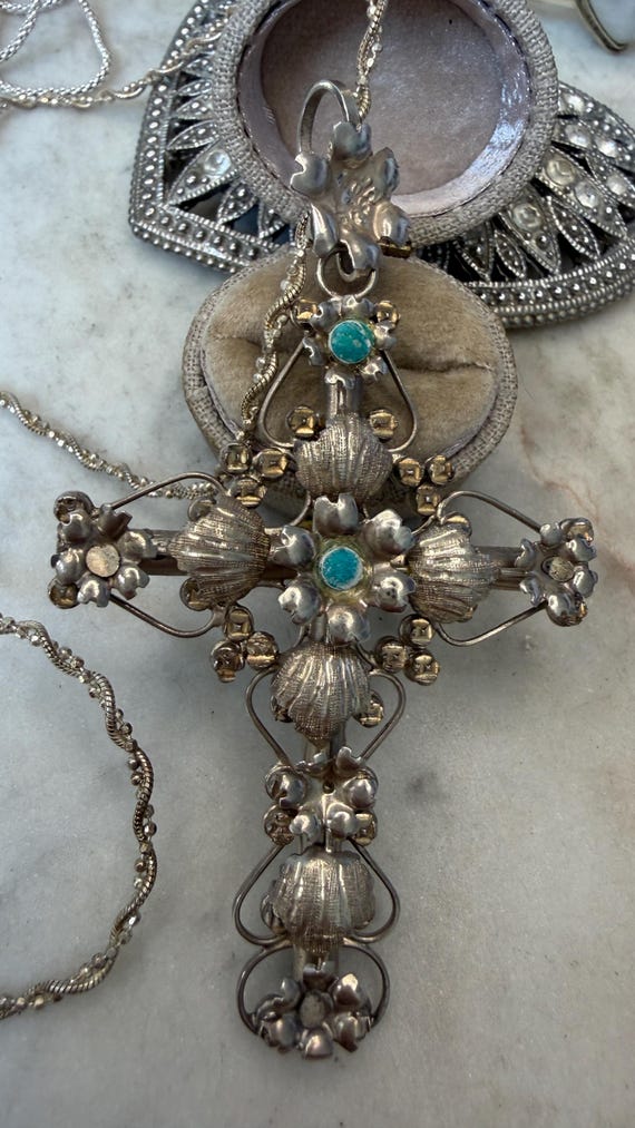Vintage Silver Antique Cross Turquoise Pendant Chain