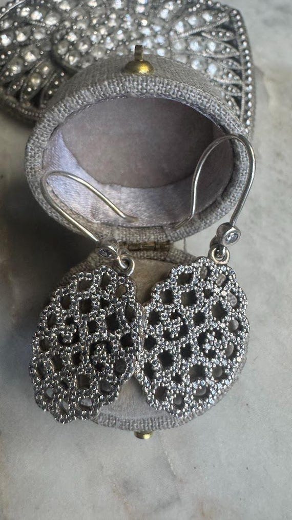 Vintage Silver Honeycomb CZ Dangle Earrings