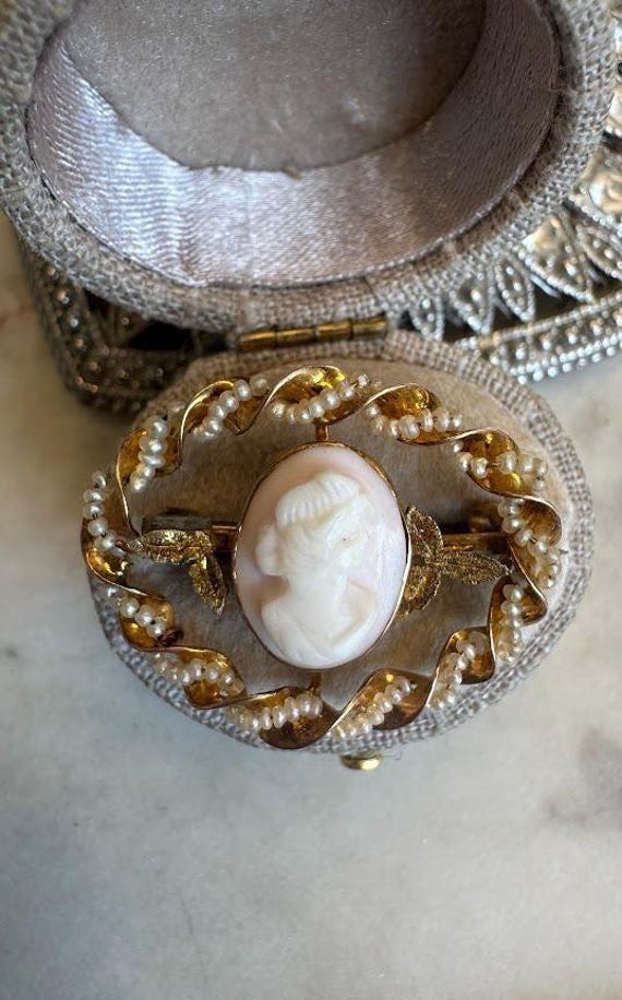 Vintage Gold Seed Pearl Cameo Brooch